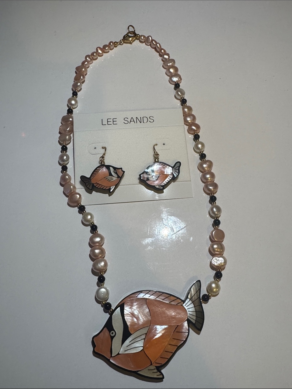 Fashion Jewelry Pink Pearl Fish Pendant Necklace & Earring Set